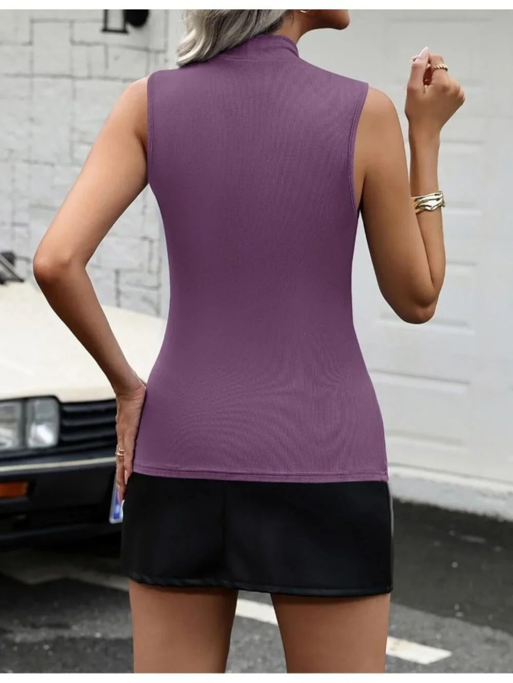 Women's Dark Purple Short Sleeveless Mock Turtleneck Pull On Imported Tank Top